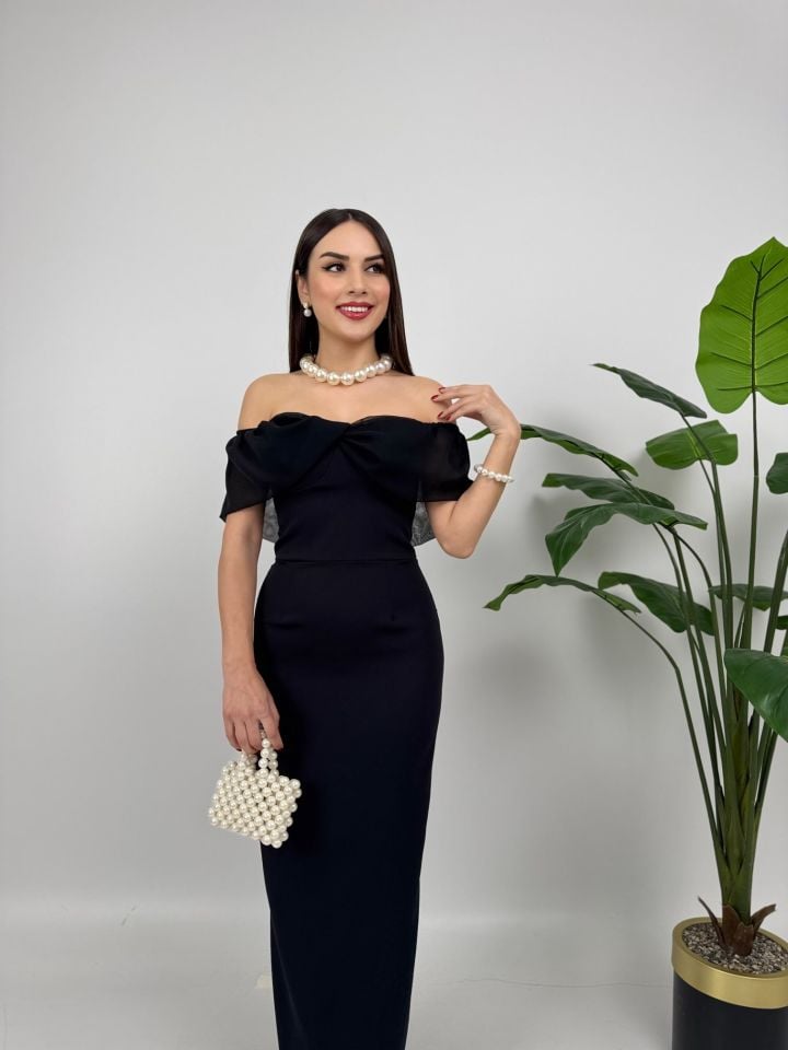 2091 STRAPLEZ ŞİFON GARNİLİ ATLAS GLOPLU ELBİSE BLACK - SİYAH