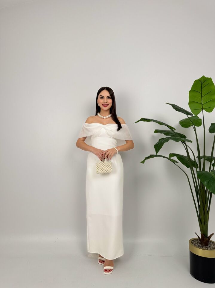 2091 STRAPLEZ ŞİFON GARNİLİ ATLAS GLOPLU ELBİSE WHİTE - BEYAZ