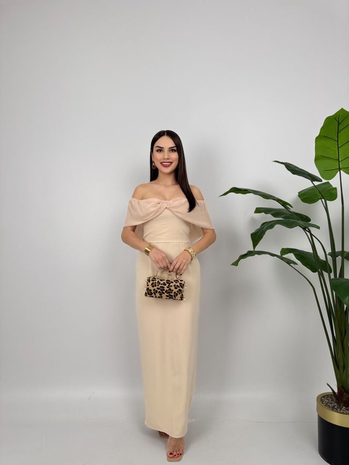 2091 STRAPLEZ ŞİFON GARNİLİ ATLAS GLOPLU ELBİSE STONE - TAŞ