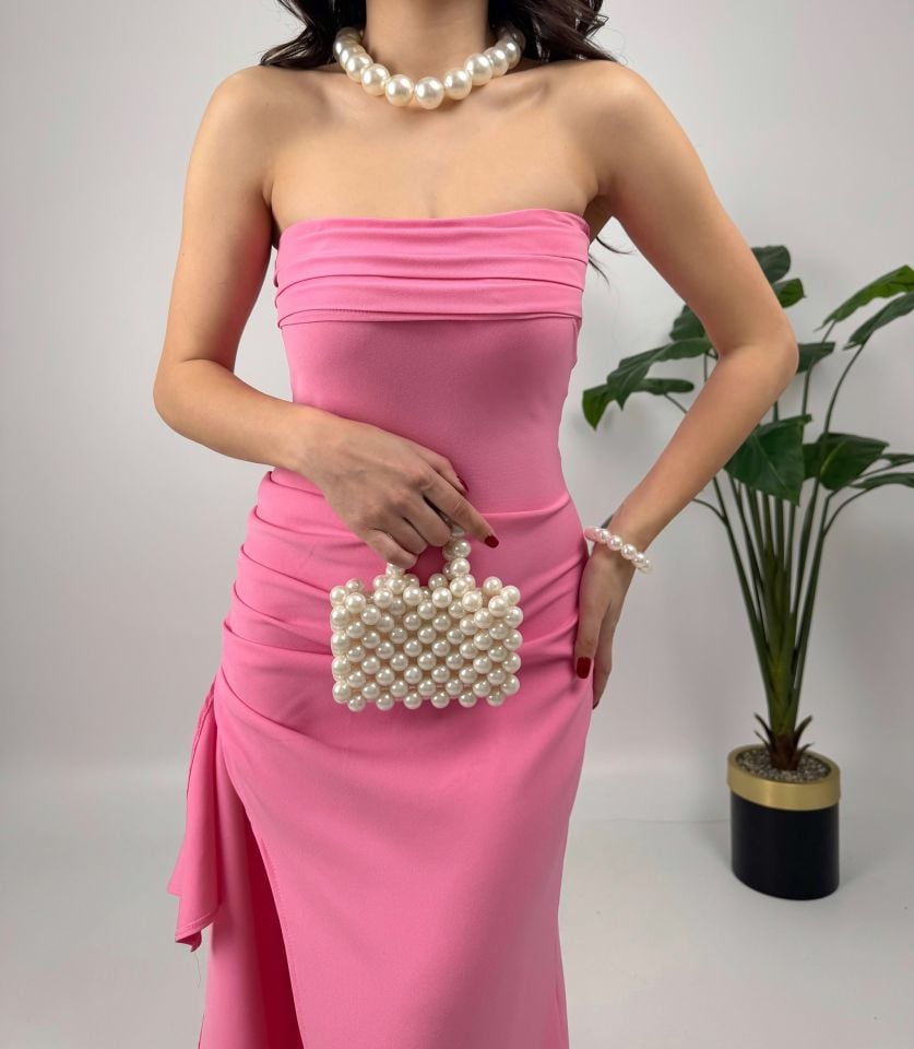 2099 YIRTMAÇLI STRAPLEZ ATLAS ELBİSE PİNK - PEMBE