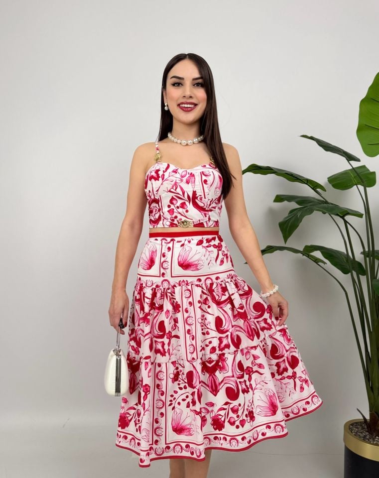 2107 DESENLİ KREP BÜSTİYERLİ İKİLİ TAKIM RED - KIRMIZI