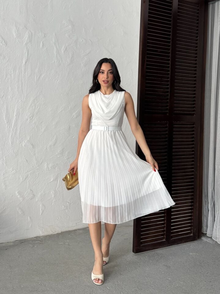 3139 PİLELİ ELBİSE WHİTE - BEYAZ