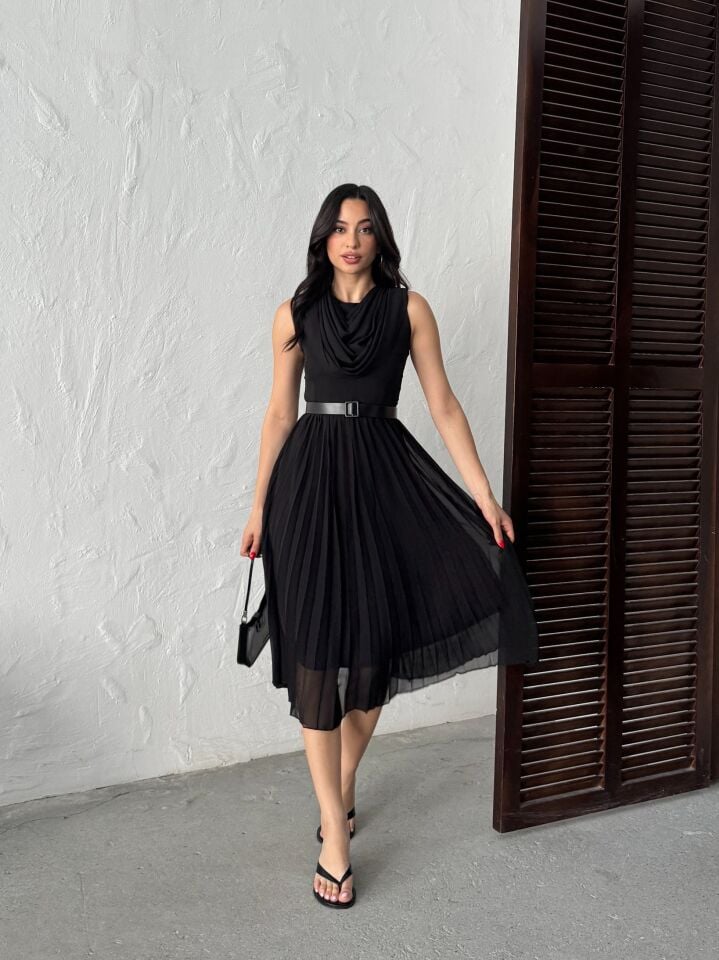 3139 PİLELİ ELBİSE BLACK - SİYAH