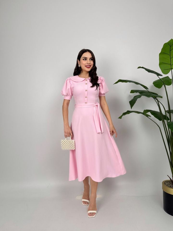 2111 BEBE YAKA KUŞAKLI MİDİ ELBİSE PİNK - PEMBE