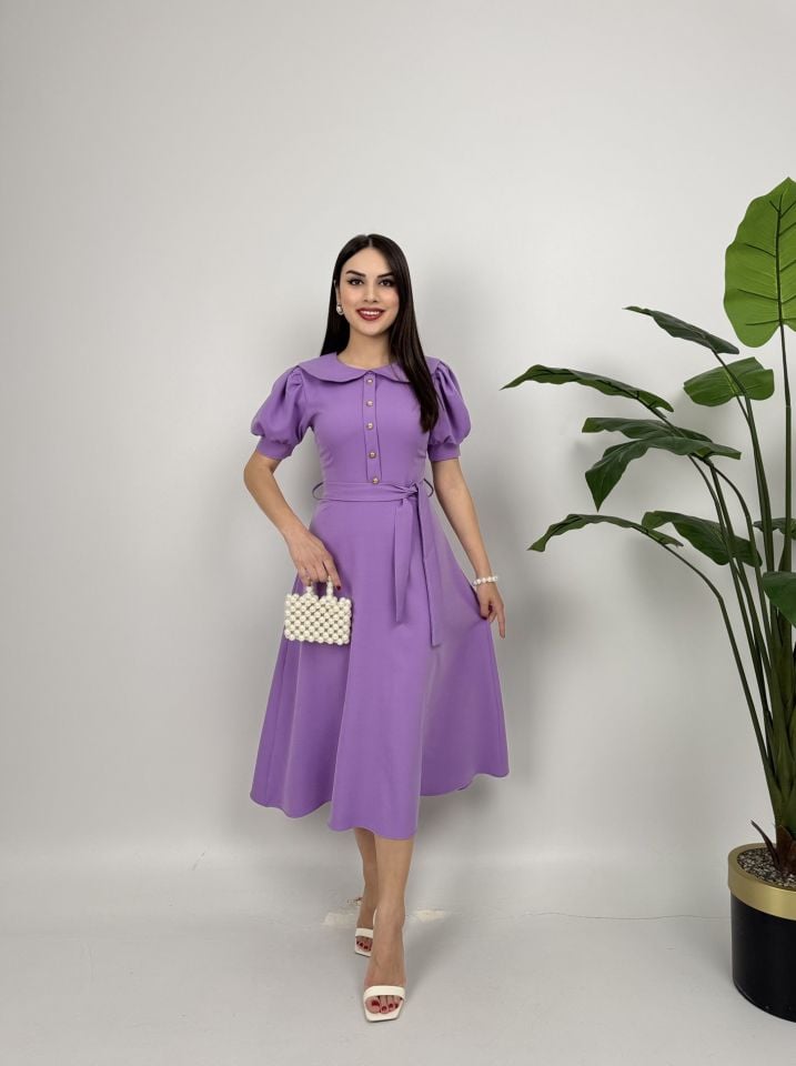 2111 BEBE YAKA KUŞAKLI MİDİ ELBİSE LİLAC - LİLA