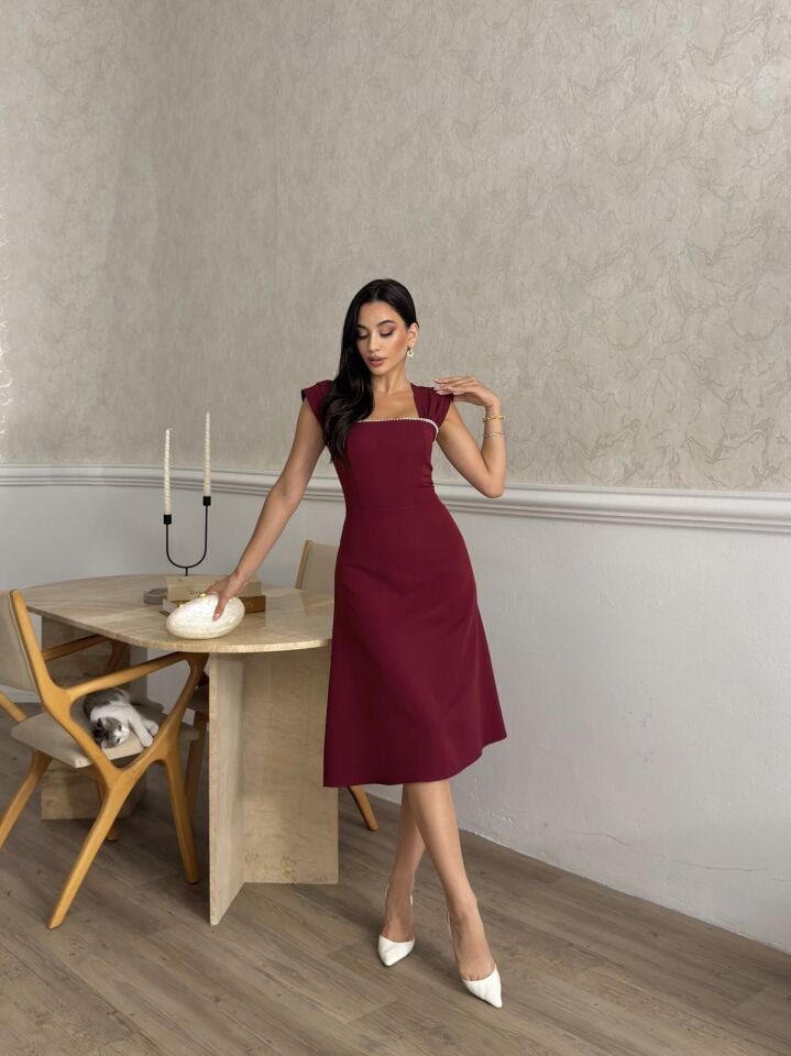 2117 CHEST STRIPE PEARL DETAIL DRESS RED - RED
