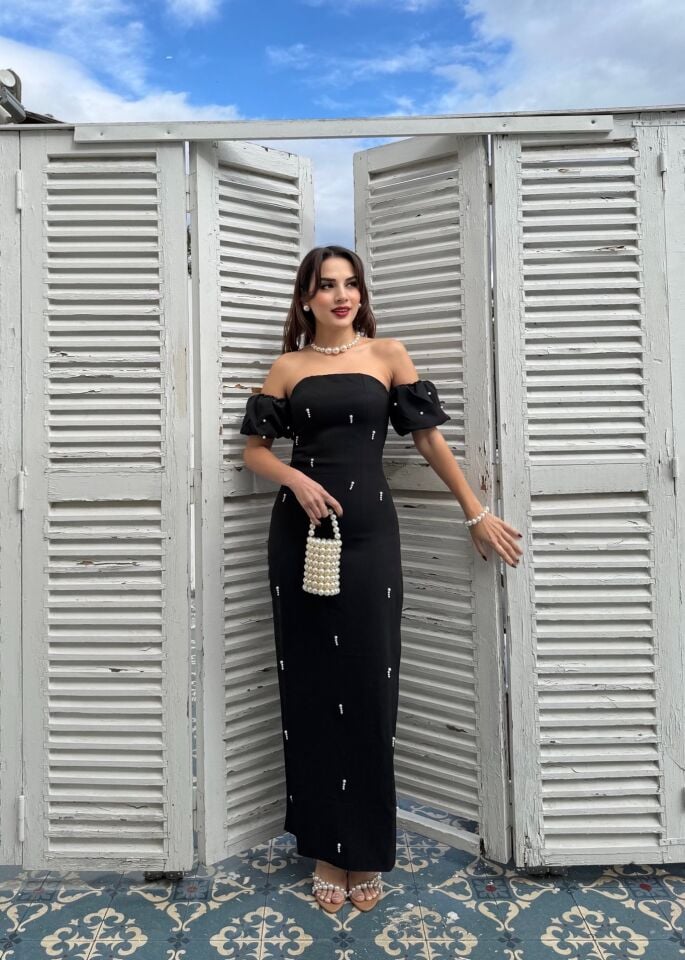 2125 ÖNLER İNCİ DETAY TASARIM ELBİSE BURGUNDY - BORDO