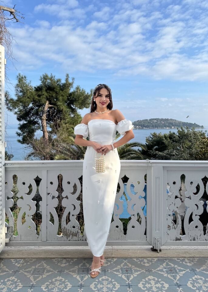 2125 ÖNLER İNCİ DETAY TASARIM ELBİSE WHİTE - BEYAZ