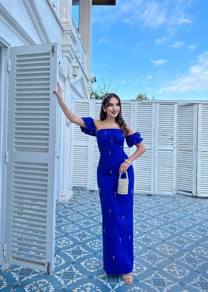 2125 ÖNLER İNCİ DETAY TASARIM ELBİSE SAXE - SAX