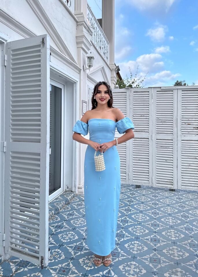 2125 ÖNLER İNCİ DETAY TASARIM ELBİSE BLUE - MAVİ