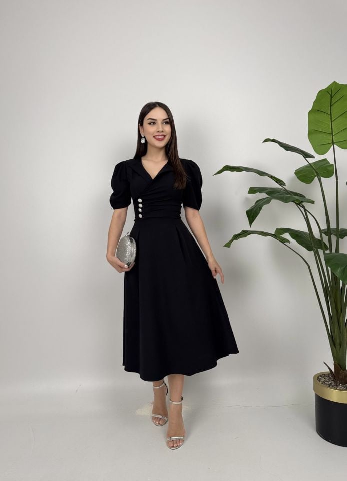 2130 CEKET YAKA BALON KOL DÜĞME DETAY ATLAS ELBİSE BLACK - SİYAH