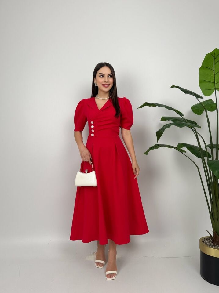 2130 CEKET YAKA BALON KOL DÜĞME DETAY ATLAS ELBİSE RED - KIRMIZI