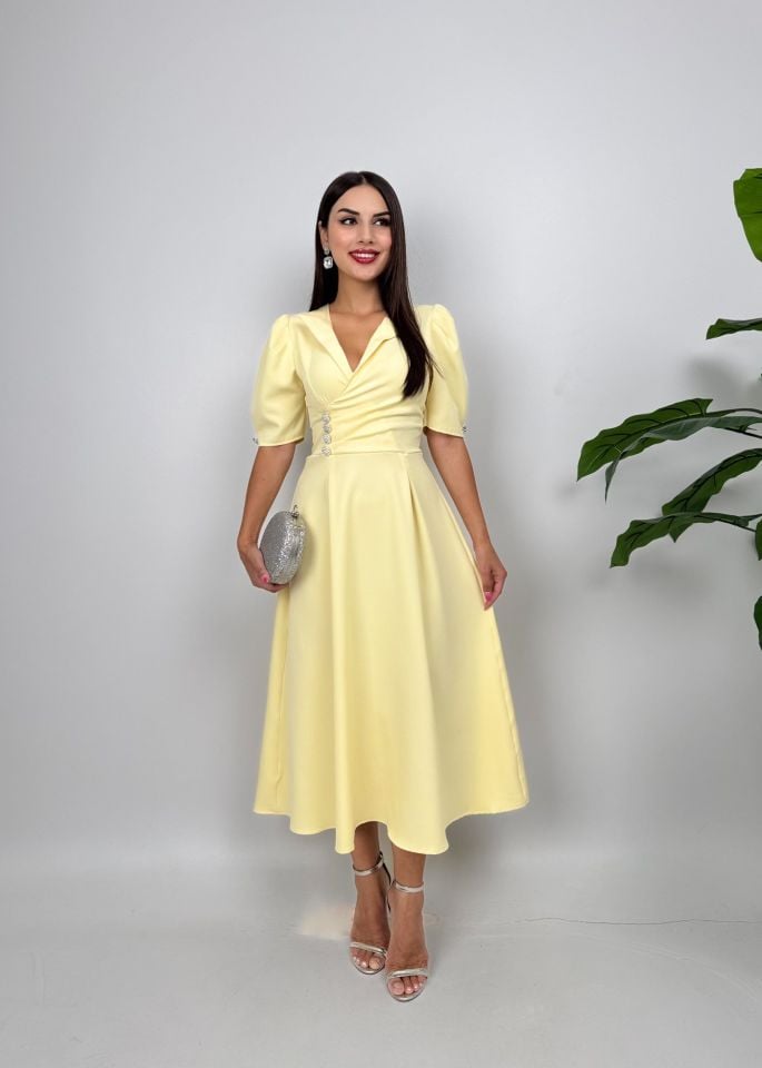 2130 CEKET YAKA BALON KOL DÜĞME DETAY ATLAS ELBİSE YELLOW - SARI