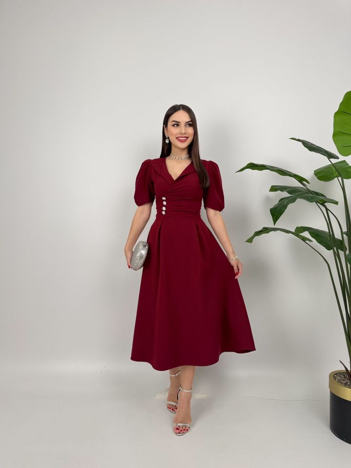 2130 CEKET YAKA BALON KOL DÜĞME DETAY ATLAS ELBİSE BURGUNDY - BORDO
