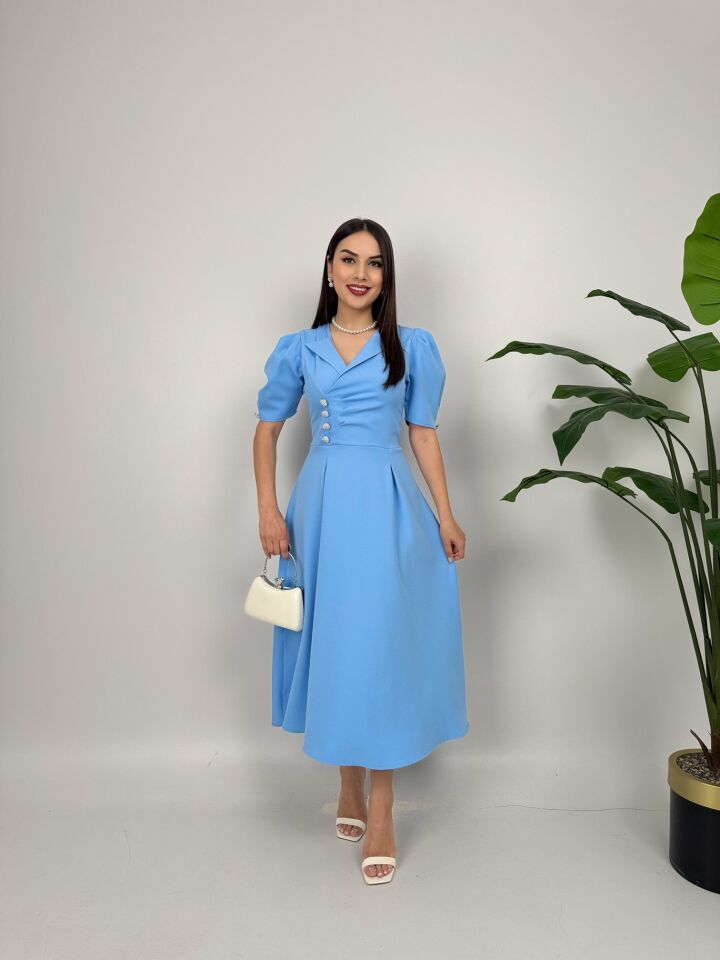 2130 CEKET YAKA BALON KOL DÜĞME DETAY ATLAS ELBİSE BABY BLUE - BEBE MAVİ