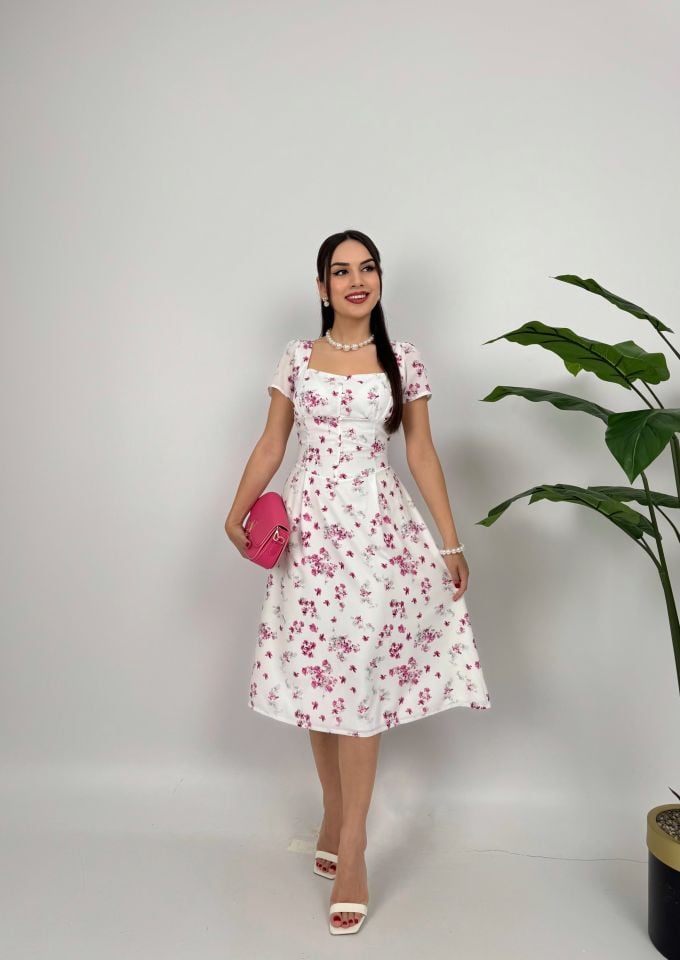 2133 ÇİÇEK DESENLİ ELBİSE RED - KIRMIZI