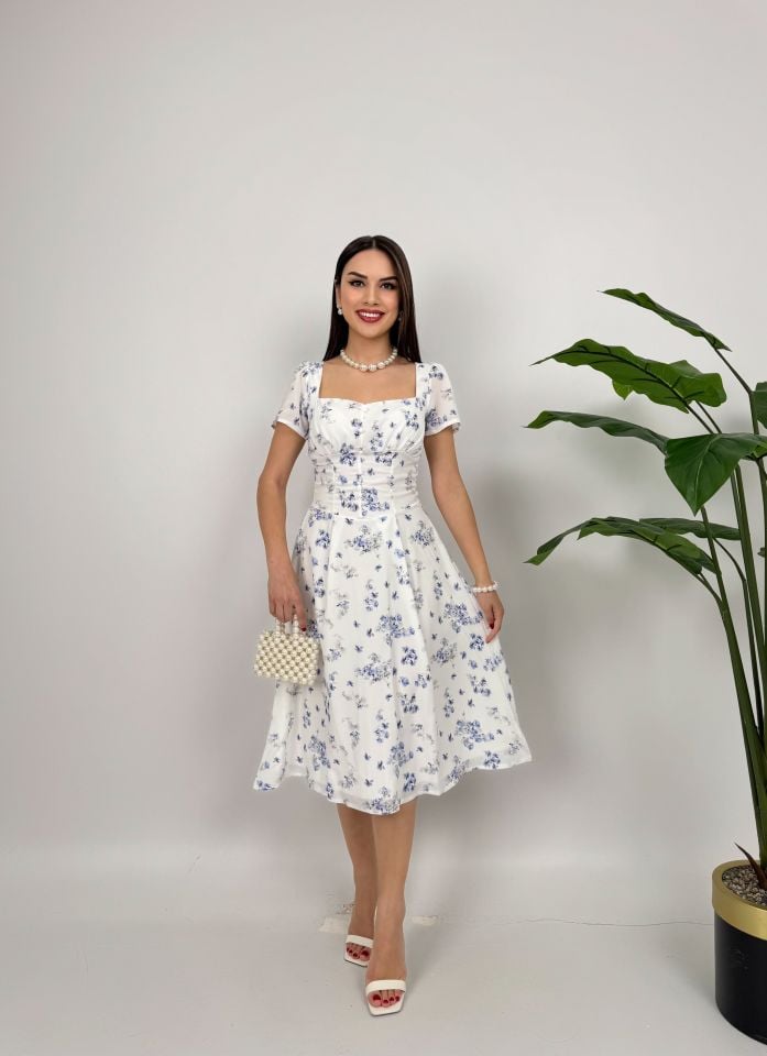 2133 ÇİÇEK DESENLİ ELBİSE BLUE - MAVİ