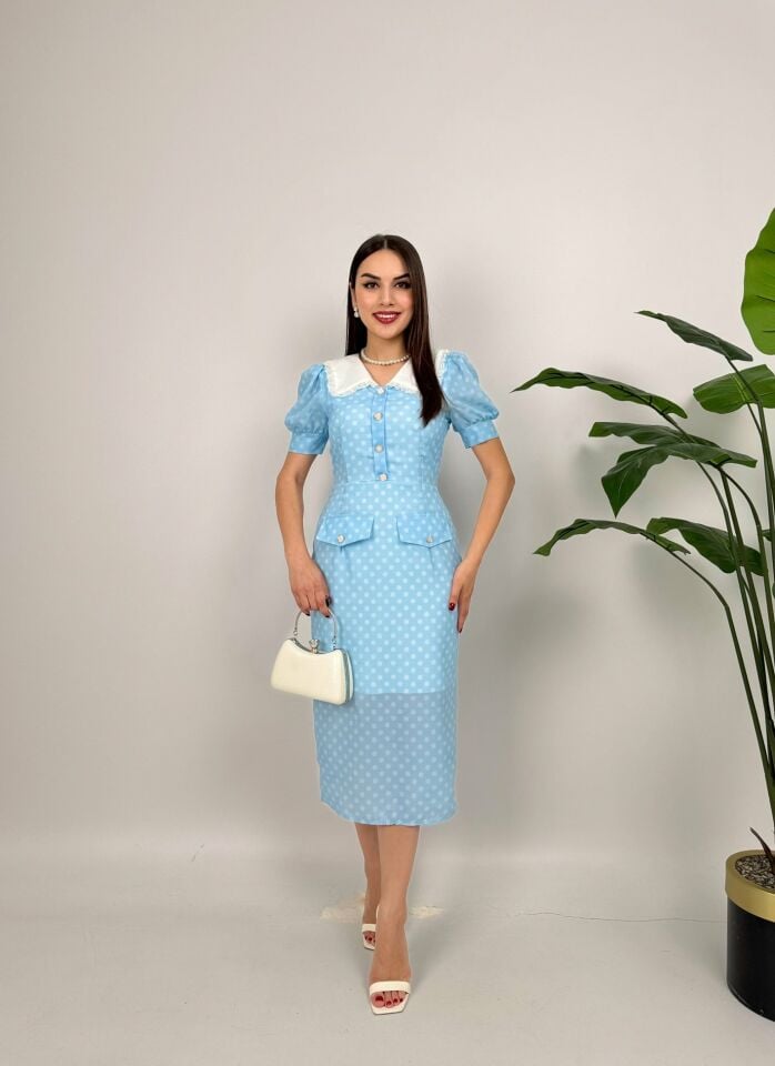 2144 YAKA DANTEL DETAY PUANTİYELİ ELBİSE BABY BLUE - BEBE MAVİ