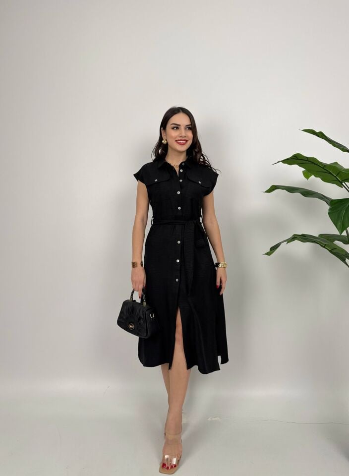2150 KOLSUZ MİDİ ELBİSE BLACK - SİYAH