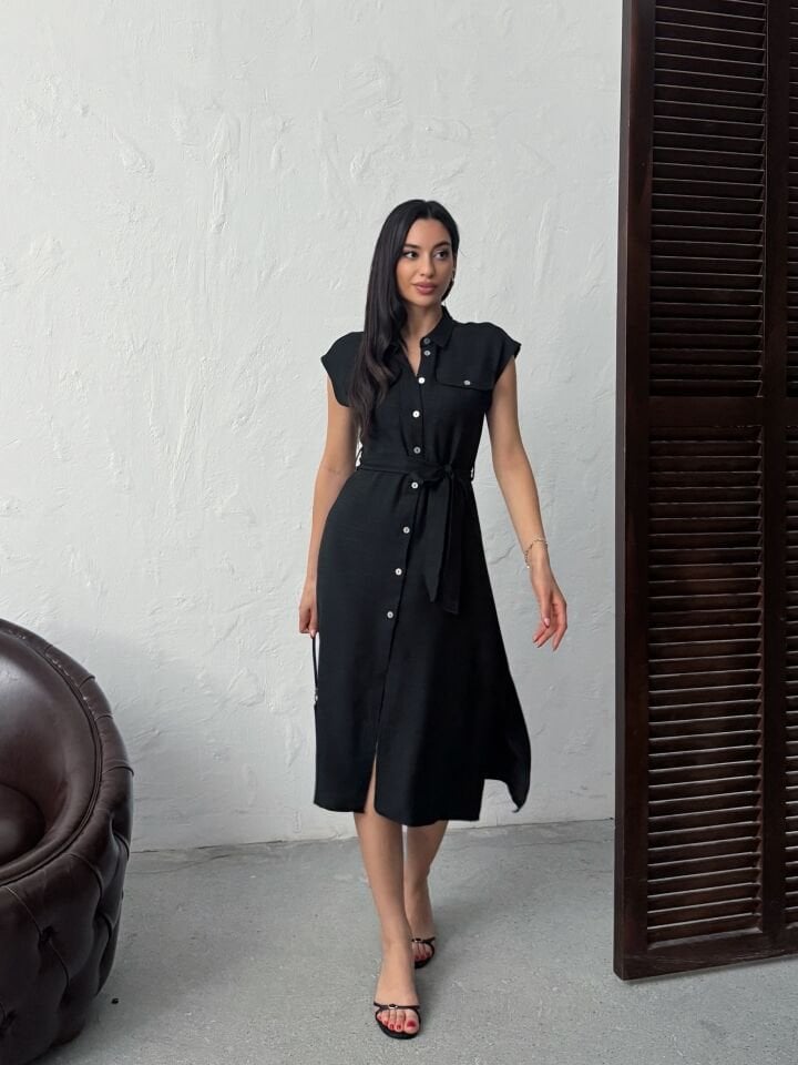 2150 KOLSUZ MİDİ ELBİSE BLACK - SİYAH