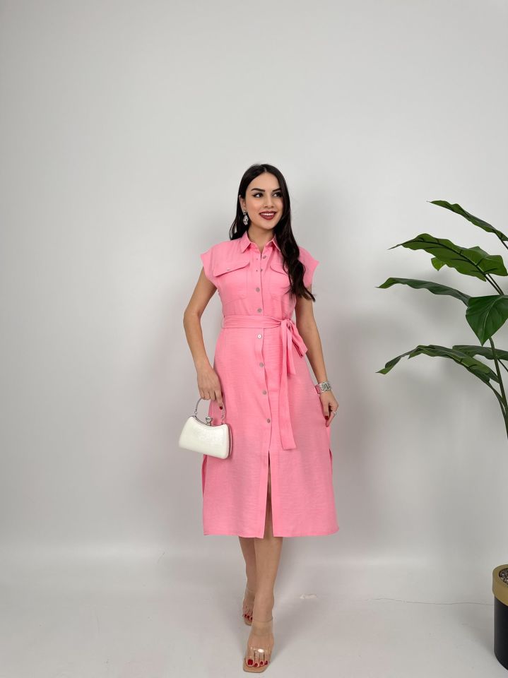 2150 KOLSUZ MİDİ ELBİSE PİNK - PEMBE