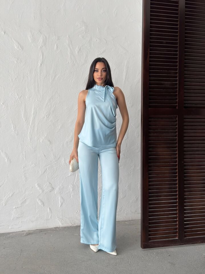 3149 PUNATİYELİ BLUZ SATEN BLUE - MAVİ