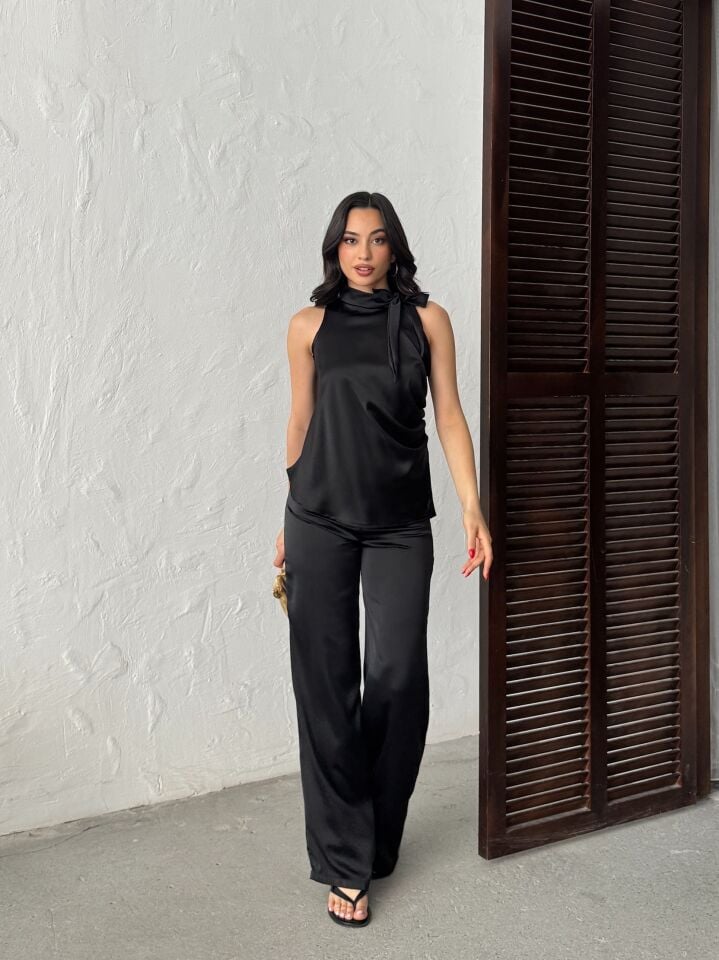 3149 PUNATİYELİ BLUZ SATEN BLACK - SİYAH