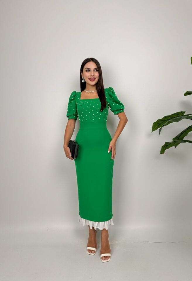 3005 İNCİ DETAYLI ELBİSE GREEN - YEŞİL