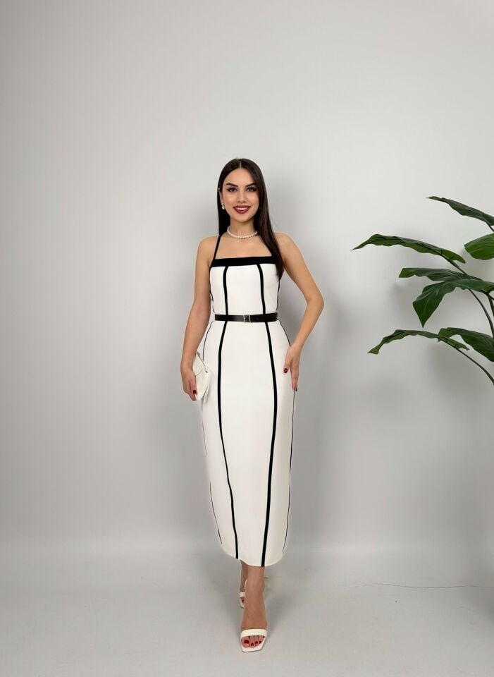 3018 BİYE DETAYLI ELBİSE WHİTE - BEYAZ