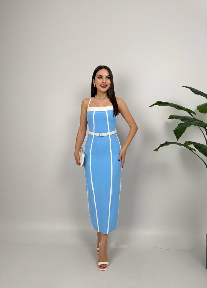 3018 BİYE DETAYLI ELBİSE BABY BLUE - BEBE MAVİ