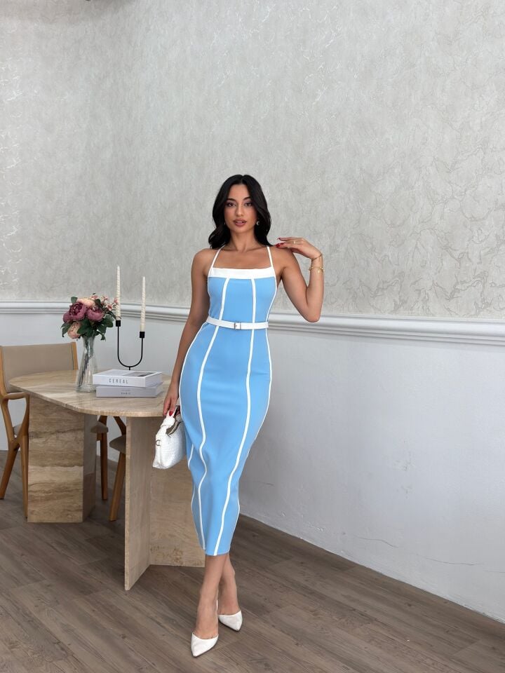3018 BİYE DETAYLI ELBİSE BABY BLUE - BEBE MAVİ