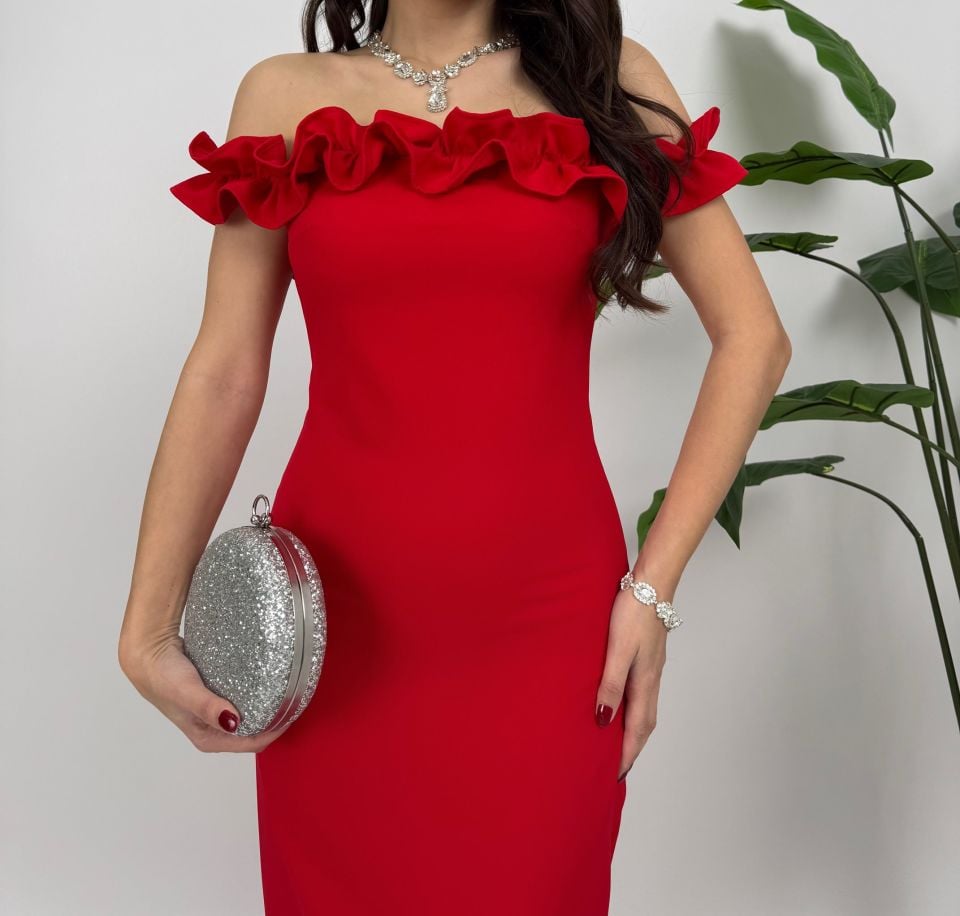 3021 GÖĞÜS BÜZGÜLÜ ELBİSE RED - KIRMIZI