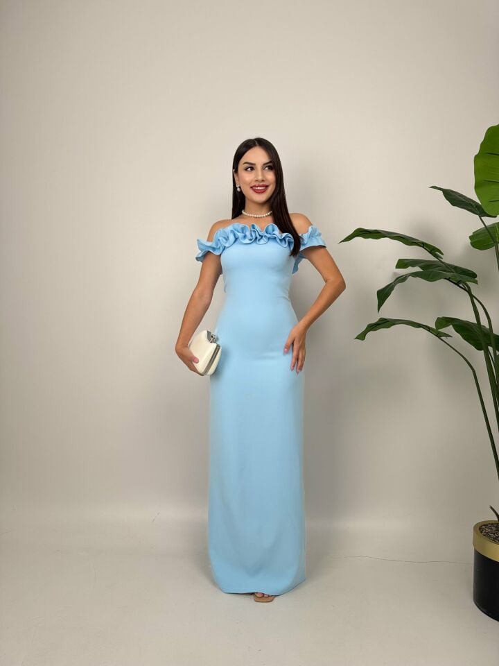 3021 GÖĞÜS BÜZGÜLÜ ELBİSE BLUE - MAVİ