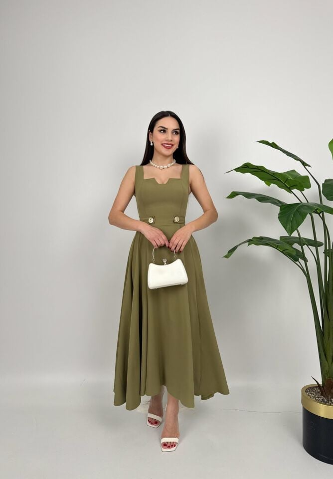 3023 KEMERİ DÜĞMELİ ELBİSE KHAKİ - HAKİ