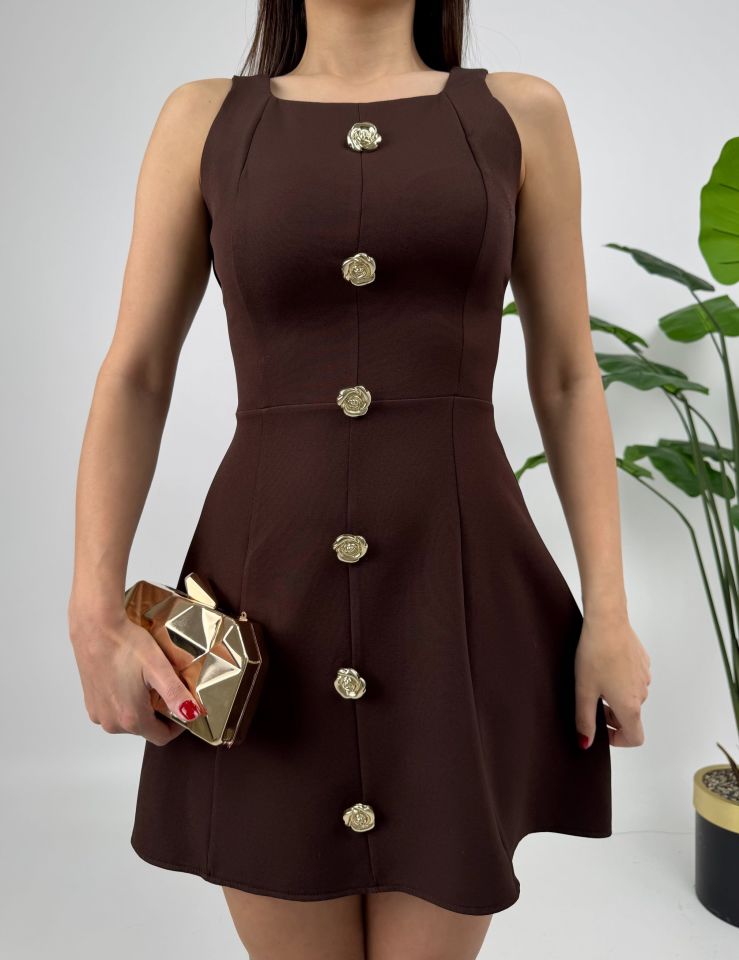 3024 DÜĞMELİ MİNİ ELBİSE BROWN - KAHVE