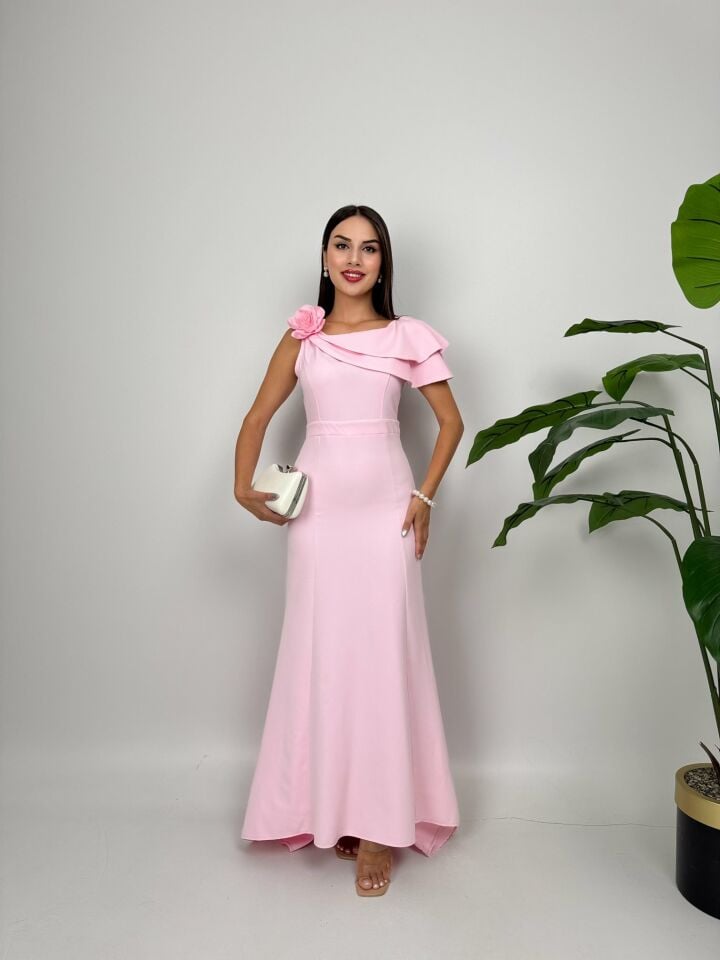3025 OMUZ FIRFIRLI GÜLLÜ ELBİSE PİNK - PEMBE