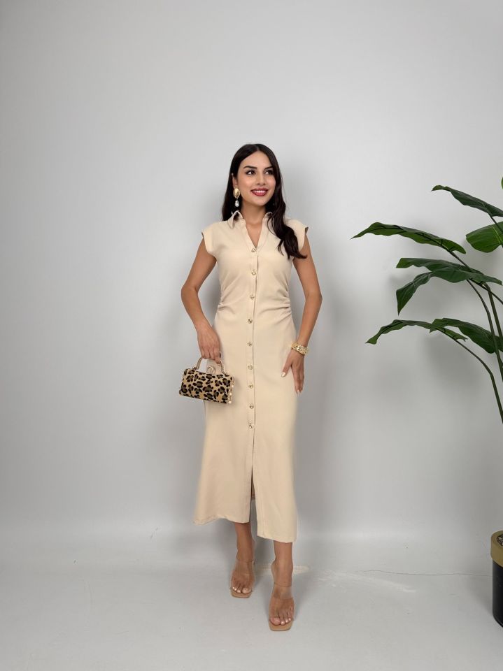 3026 ÖNDEN DÜĞMELİ ELBİSE STONE - TAŞ