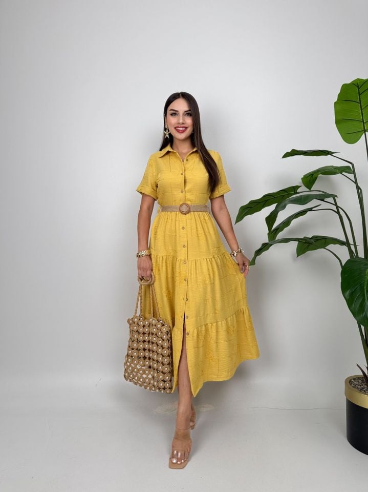 3043 KEMERLİ ELBİSE YELLOW - SARI