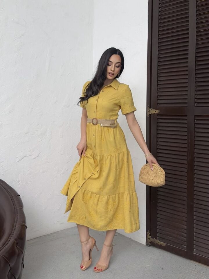 3043 KEMERLİ ELBİSE YELLOW - SARI