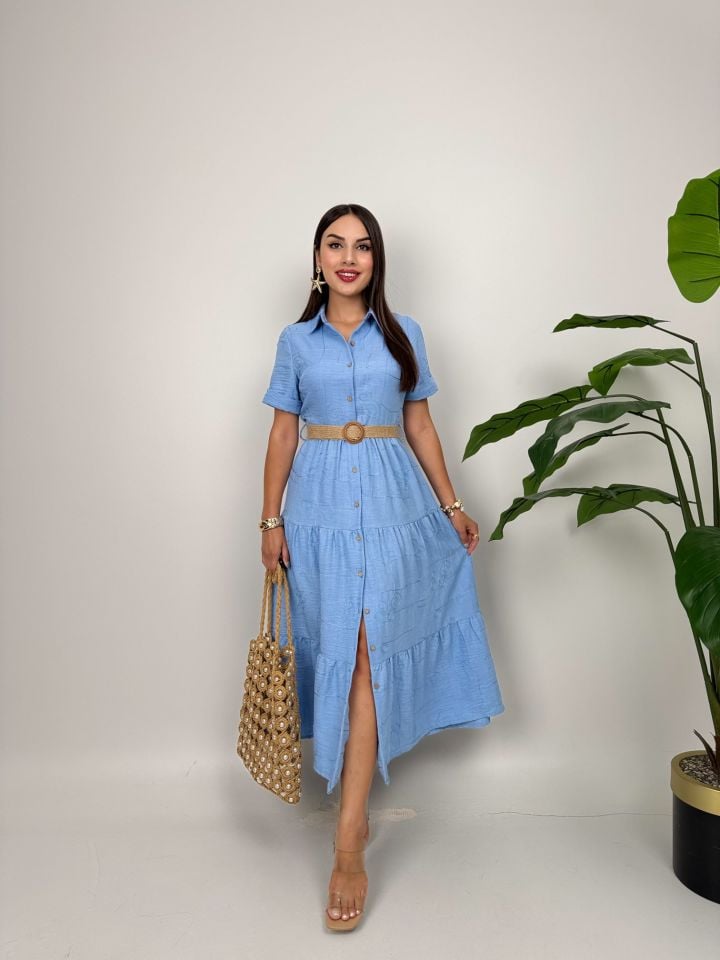 3043 KEMERLİ ELBİSE BLUE - MAVİ