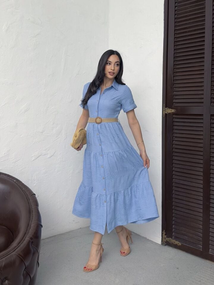 3043 KEMERLİ ELBİSE BLUE - MAVİ