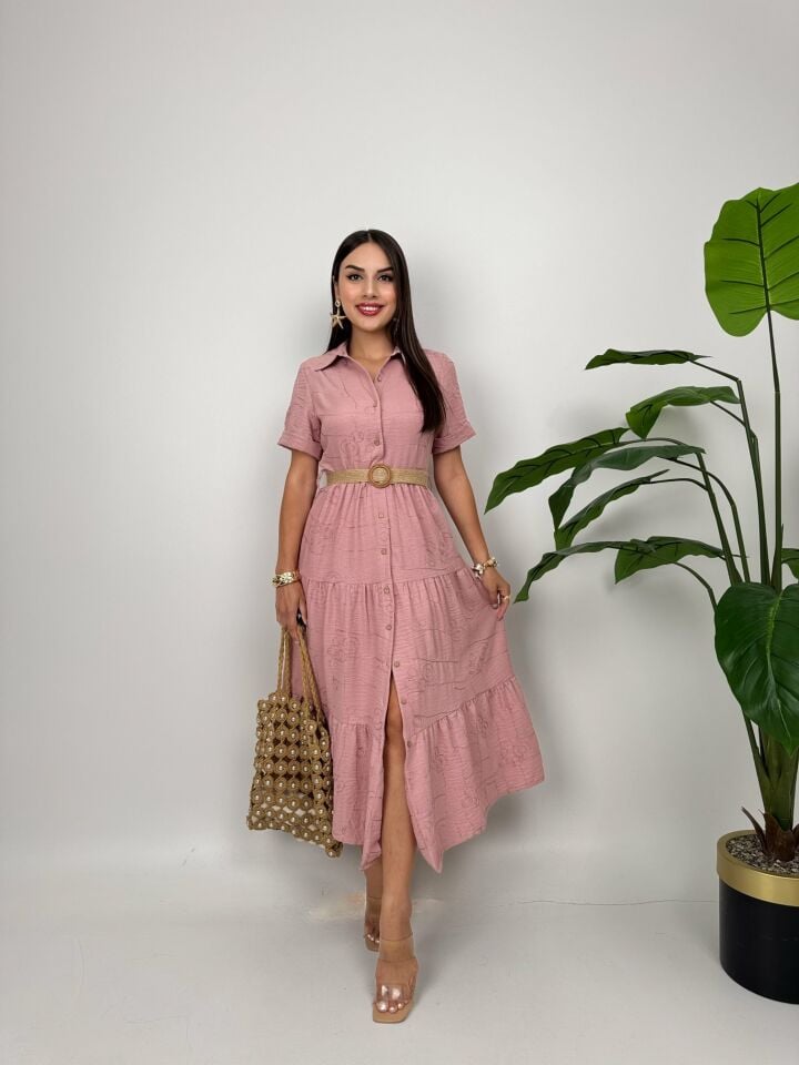 3043 KEMERLİ ELBİSE PİNK - PEMBE