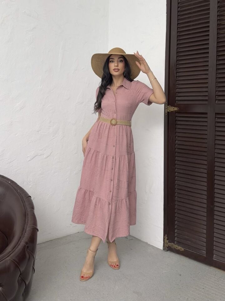 3043 KEMERLİ ELBİSE PİNK - PEMBE