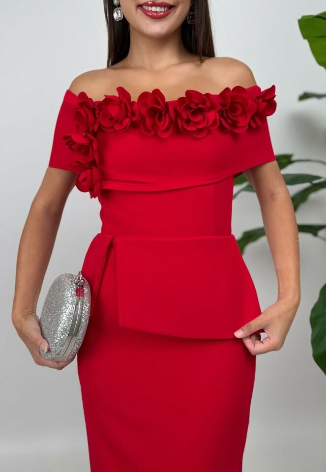 3044 KAYIK YAKA GÜLLÜ ELBİSE BROWN - KAHVE