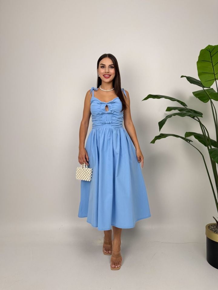3045 ASKILI GÖĞÜS FİYONKLU ELBİSE BLUE - MAVİ