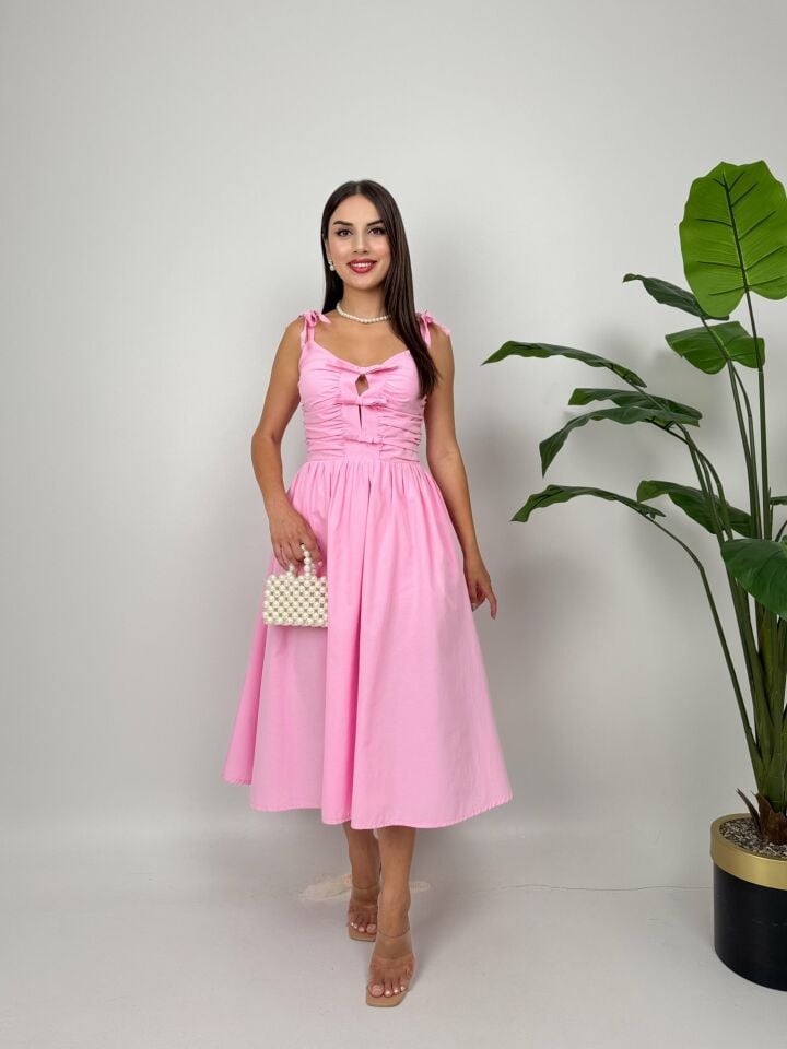 3045 ASKILI GÖĞÜS FİYONKLU ELBİSE PİNK - PEMBE