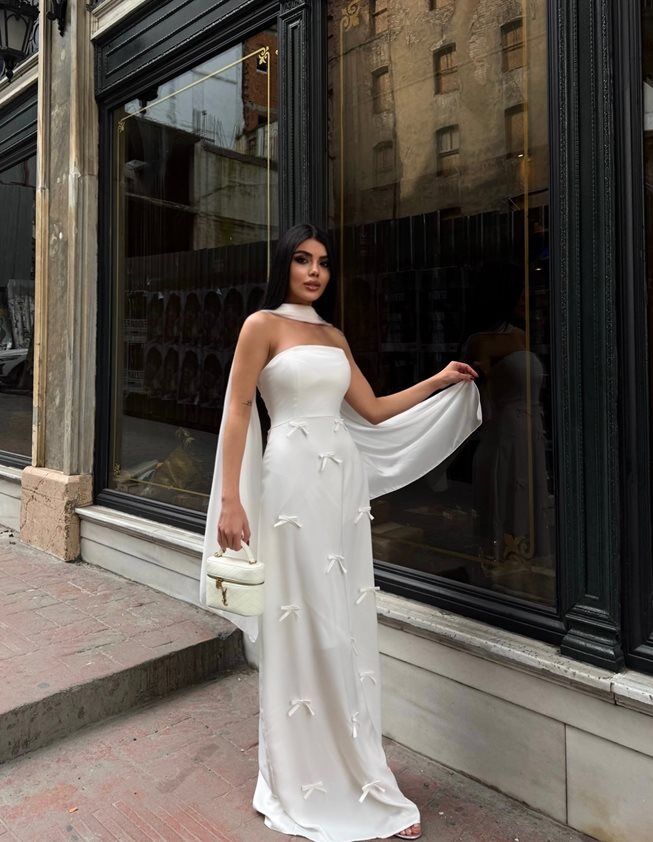 3060 SATEN KURDELELİ ELBİSE WHİTE - BEYAZ