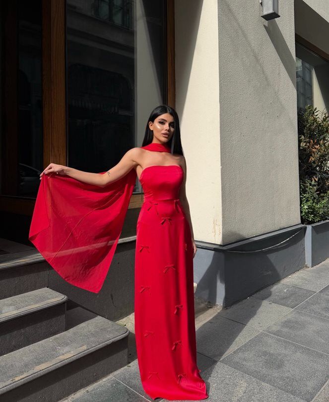 3060 SATEN KURDELELİ ELBİSE RED - KIRMIZI