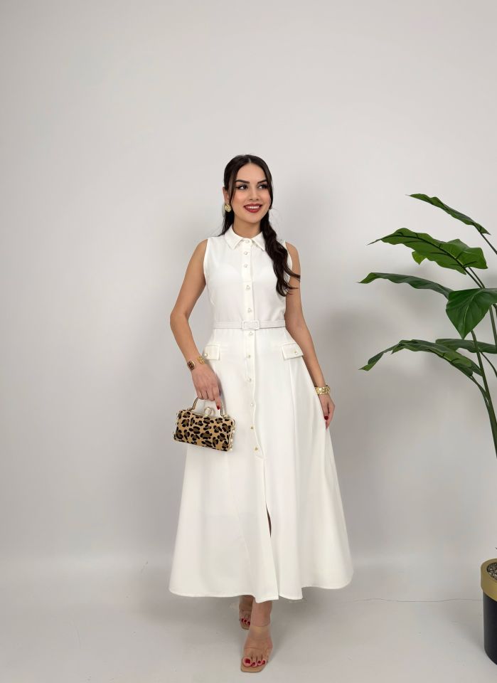 4001 İNCİ DÜĞMELİ KEMERLİ KOLSUZ UZUN ELBİSE WHİTE - BEYAZ