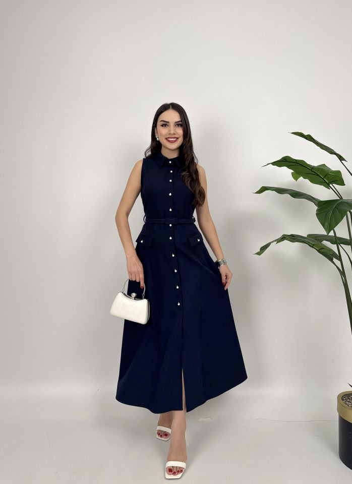 4001 İNCİ DÜĞMELİ KEMERLİ KOLSUZ UZUN ELBİSE NAVY BLUE - LACİVERT